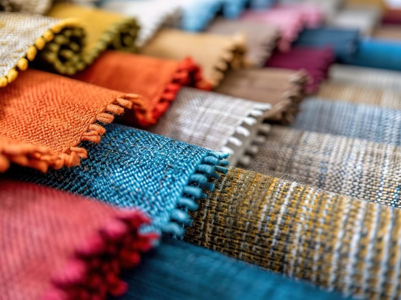 A row of colorful fabric rolls, each with a different pattern and color. The rolls are arranged in a way that creates a visually appealing display